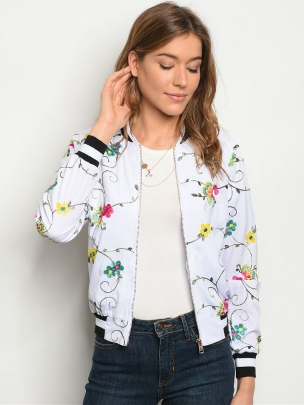 Women's White Floral Bomber Jacket